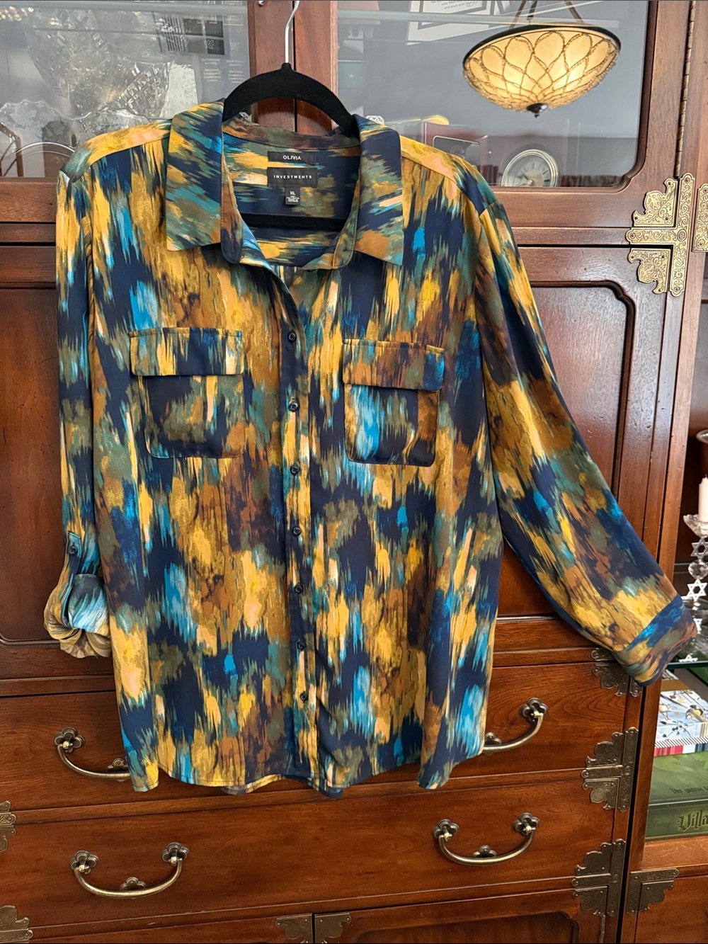 Investments Multicolor Abstract Brushstroke Blouse in Mustard, Teal & Black